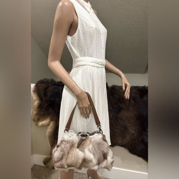 Natural Fox Fur Handmade Unique Metal Frame & Push Lock Shoulder Bag, Crossbody - Picture 6 of 16